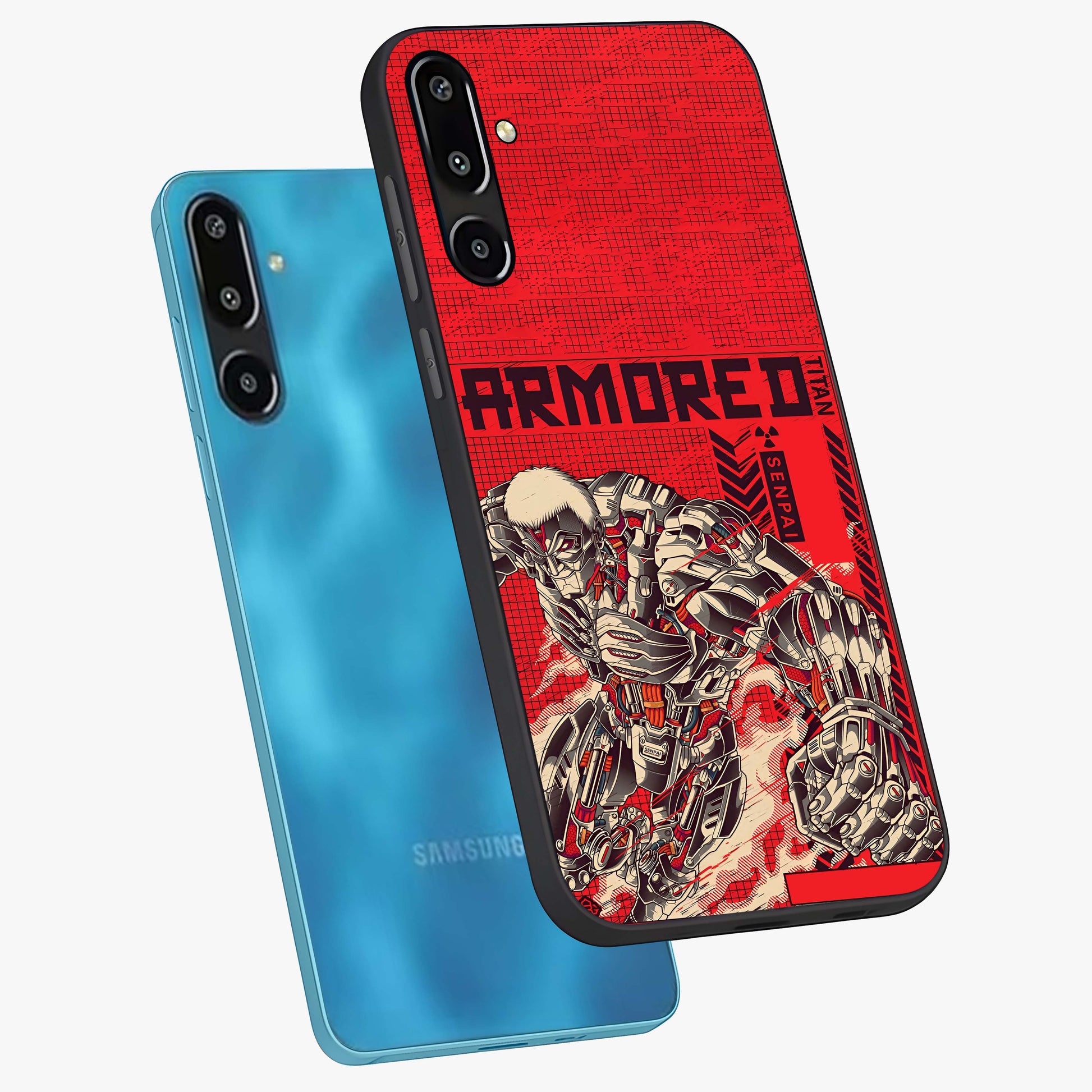 Crimson Mecha Titan Glass Case displayed in angled mockup highlighting futuristic mech illustration with bold crimson aesthetic.