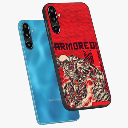 Crimson Mecha Titan Glass Case displayed in angled mockup highlighting futuristic mech illustration with bold crimson aesthetic.