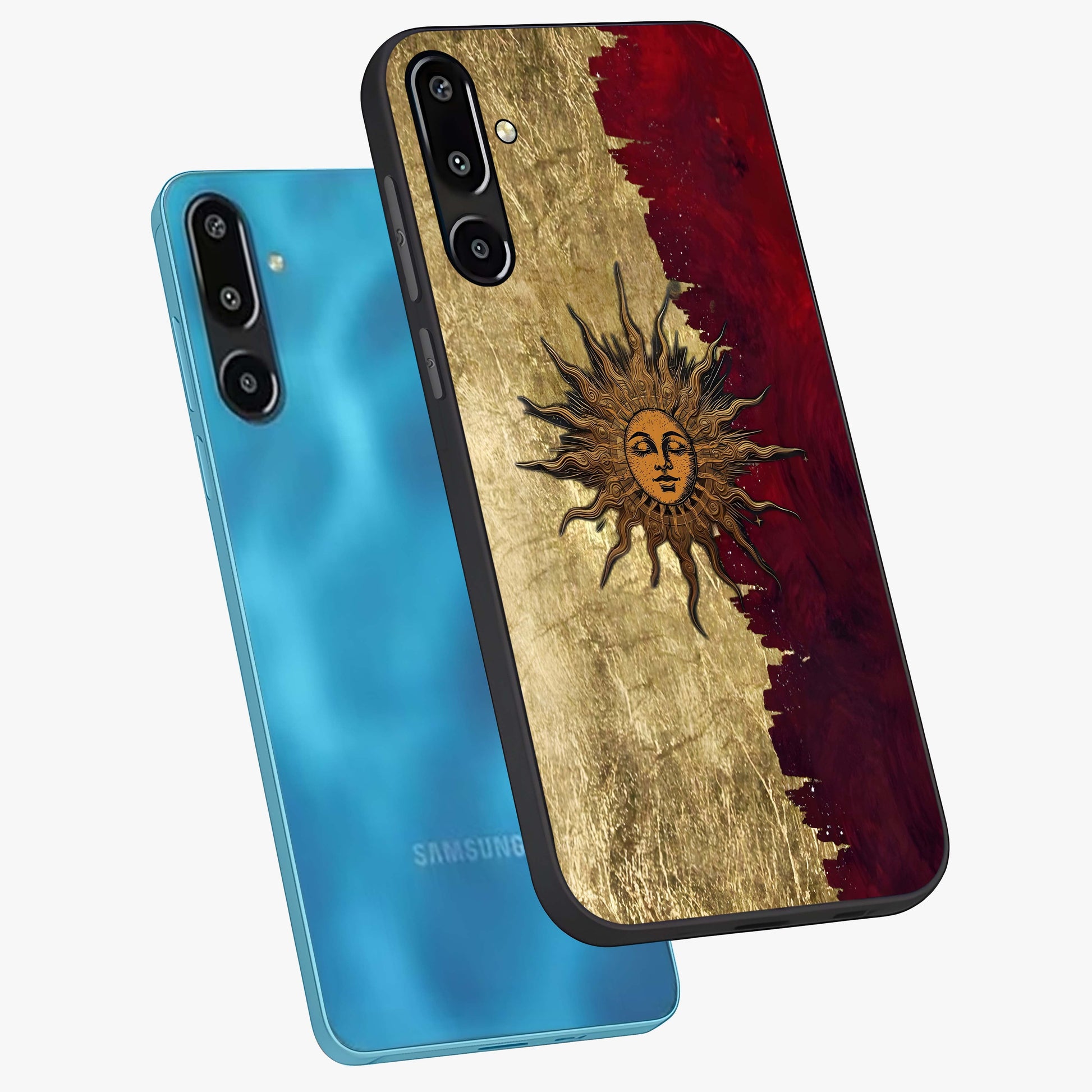 Crimson Sun Majesty Glass Case displayed in angled mockup highlighting majestic crimson sun design with bold aesthetic style.