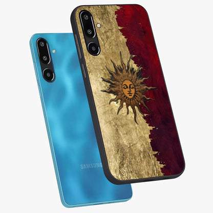 Crimson Sun Majesty Glass Case displayed in angled mockup highlighting majestic crimson sun design with bold aesthetic style.