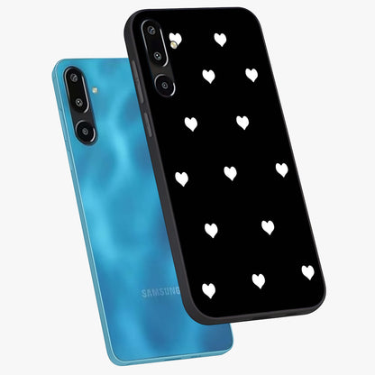 Cute And Simple White Hearts Glass Case displayed in angled mockup highlighting cute heart design with clean aesthetic style.