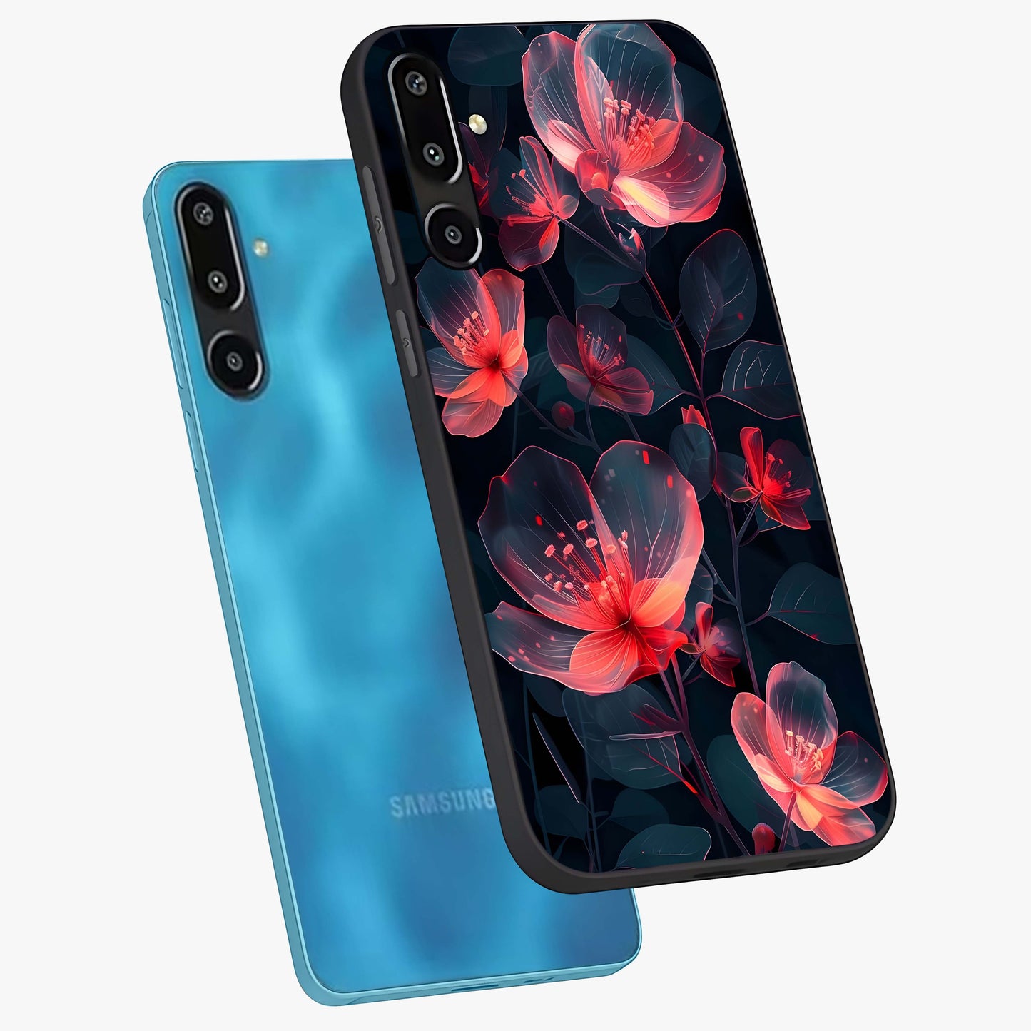 Dark Shade of Flower Glass Case displayed in angled mockup highlighting moody floral illustration with aesthetic dark tones.
