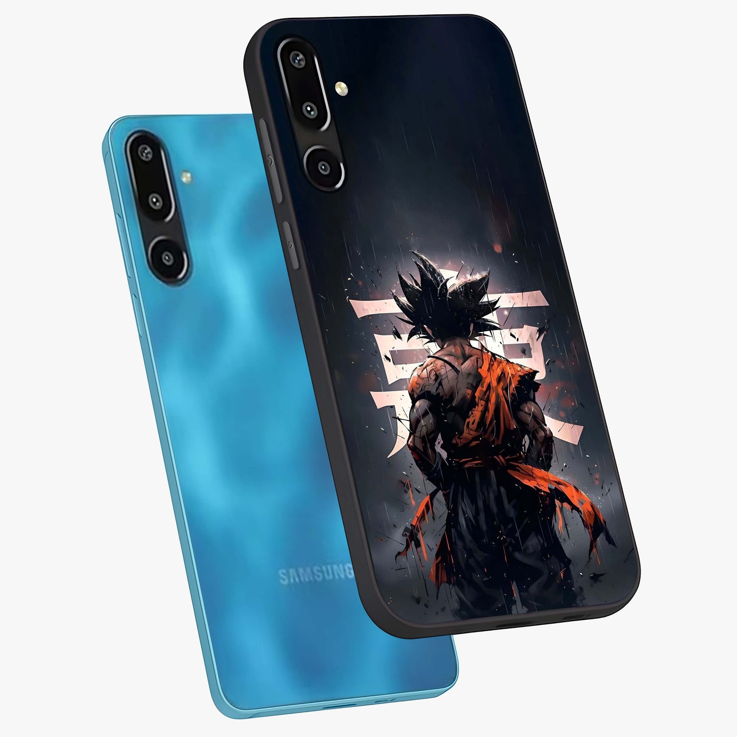 Dark Warrior In Rain Glass Case displayed in angled mockup highlighting dramatic warrior illustration with dark rain aesthetic.