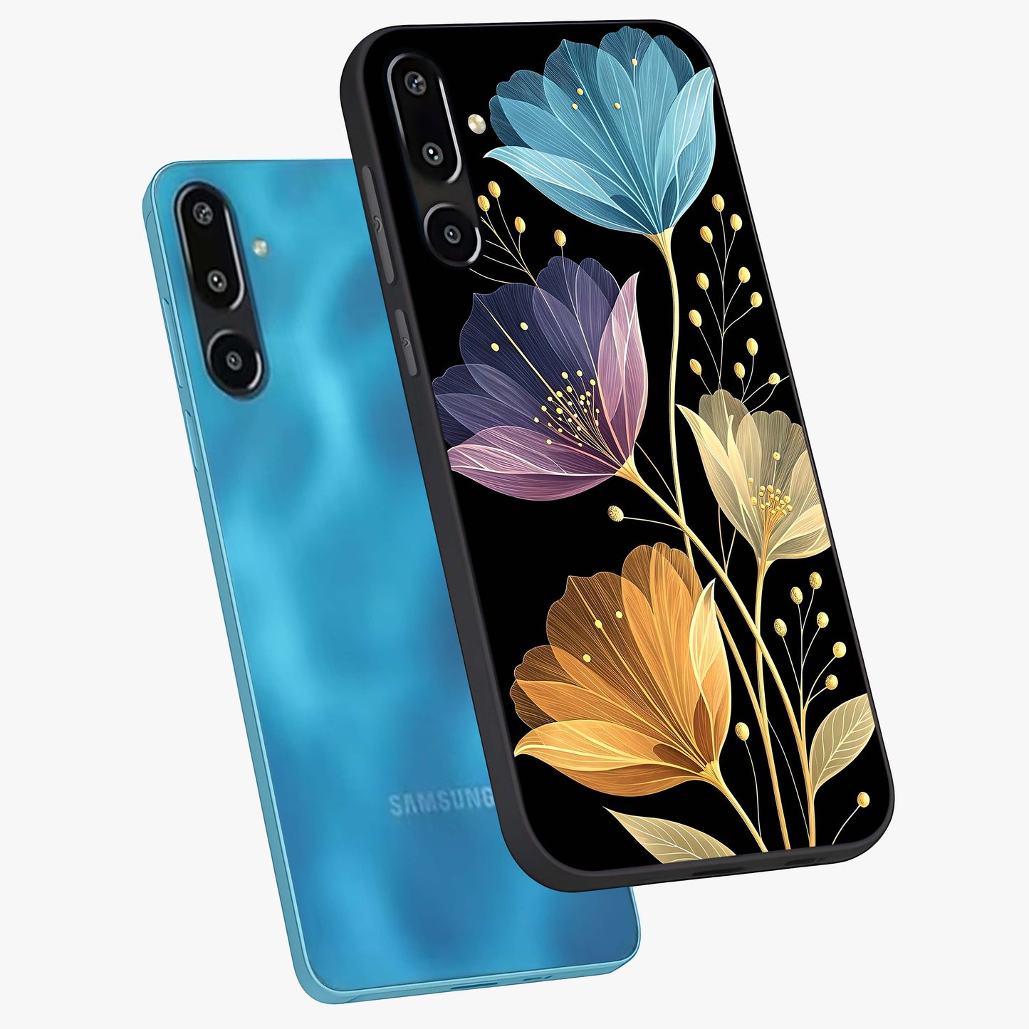 Delicate Multicolor Flowers Glass Case displayed in angled mockup highlighting colorful flower pattern with soft aesthetic style.