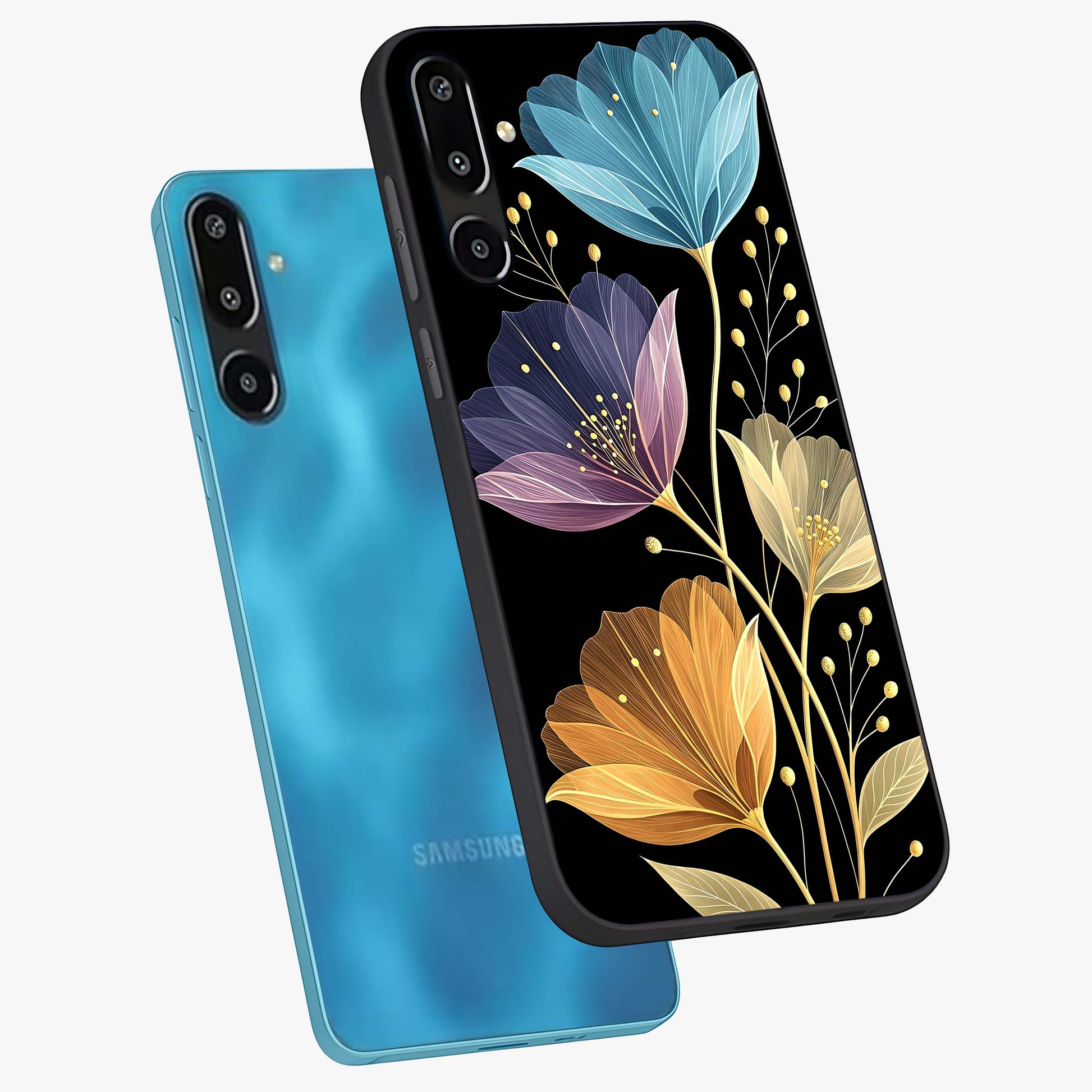 Delicate Multicolor Flowers Glass Case displayed in angled mockup highlighting colorful flower pattern with soft aesthetic style.