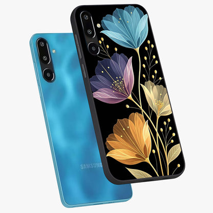 Delicate Multicolor Flowers Glass Case displayed in angled mockup highlighting colorful flower pattern with soft aesthetic style.