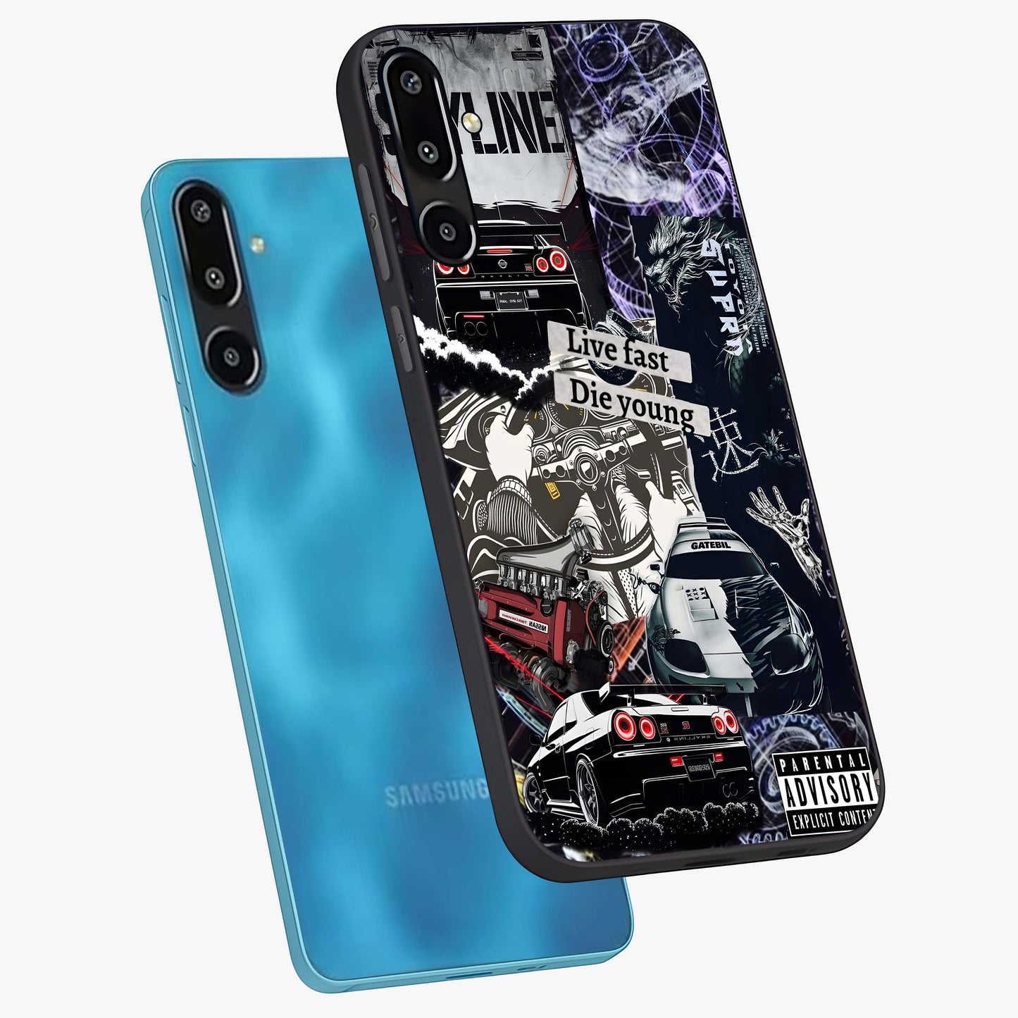 Die Young Glass Case displayed in angled mockup highlighting expressive graphic artwork with edgy aesthetic style.