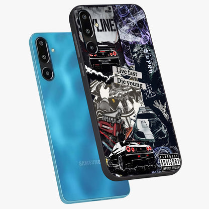 Die Young Glass Case displayed in angled mockup highlighting expressive graphic artwork with edgy aesthetic style.
