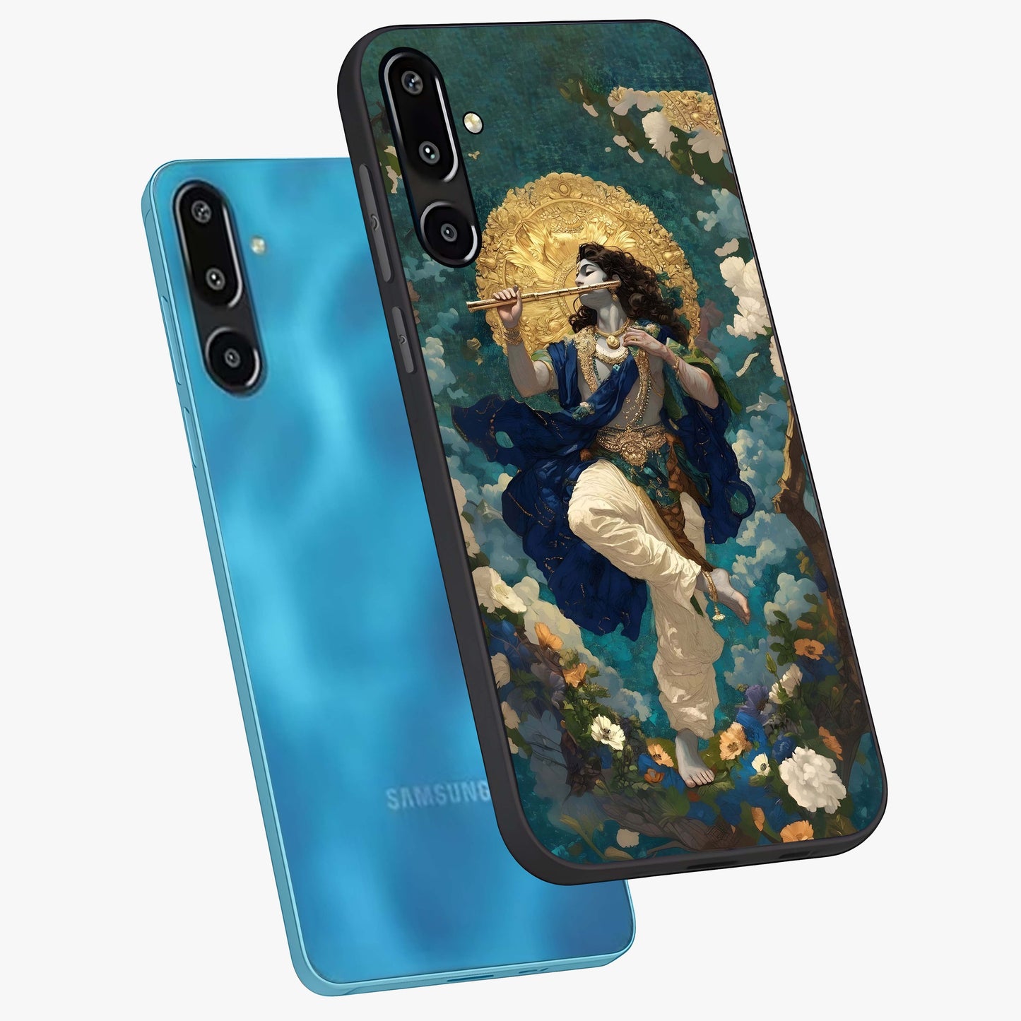 Divine Krishna Art Glass Case displayed in angled mockup highlighting spiritual Krishna illustration with devotional aesthetic.