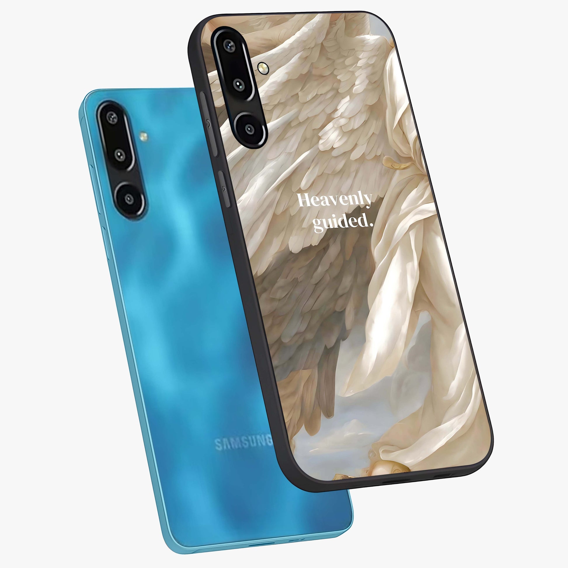Divine Winged Grace Glass Case displayed in angled mockup highlighting graceful wing design with divine aesthetic style.