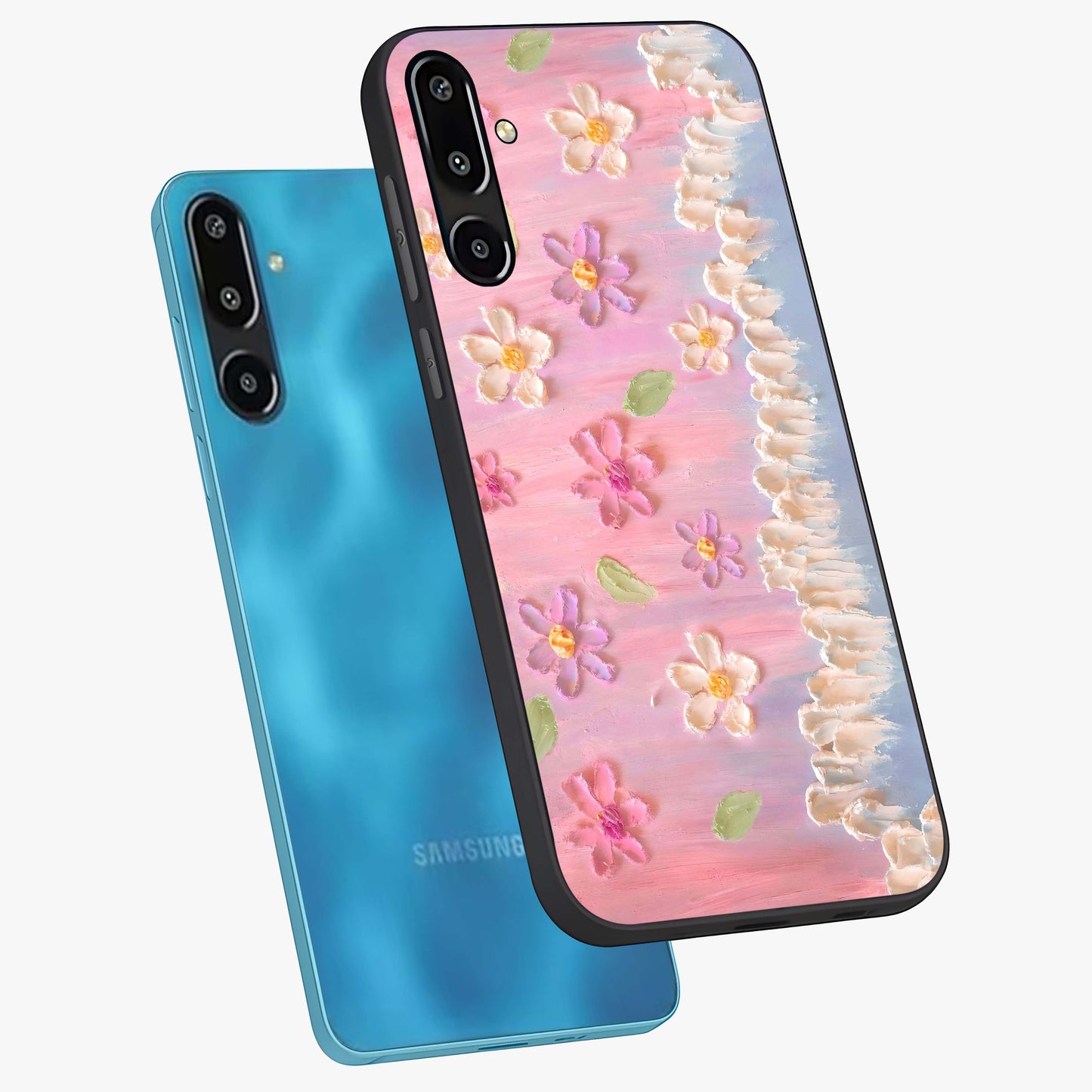 Dreamy Painted Garden Glass Case displayed in angled mockup highlighting colorful garden illustration with dreamy aesthetic style.