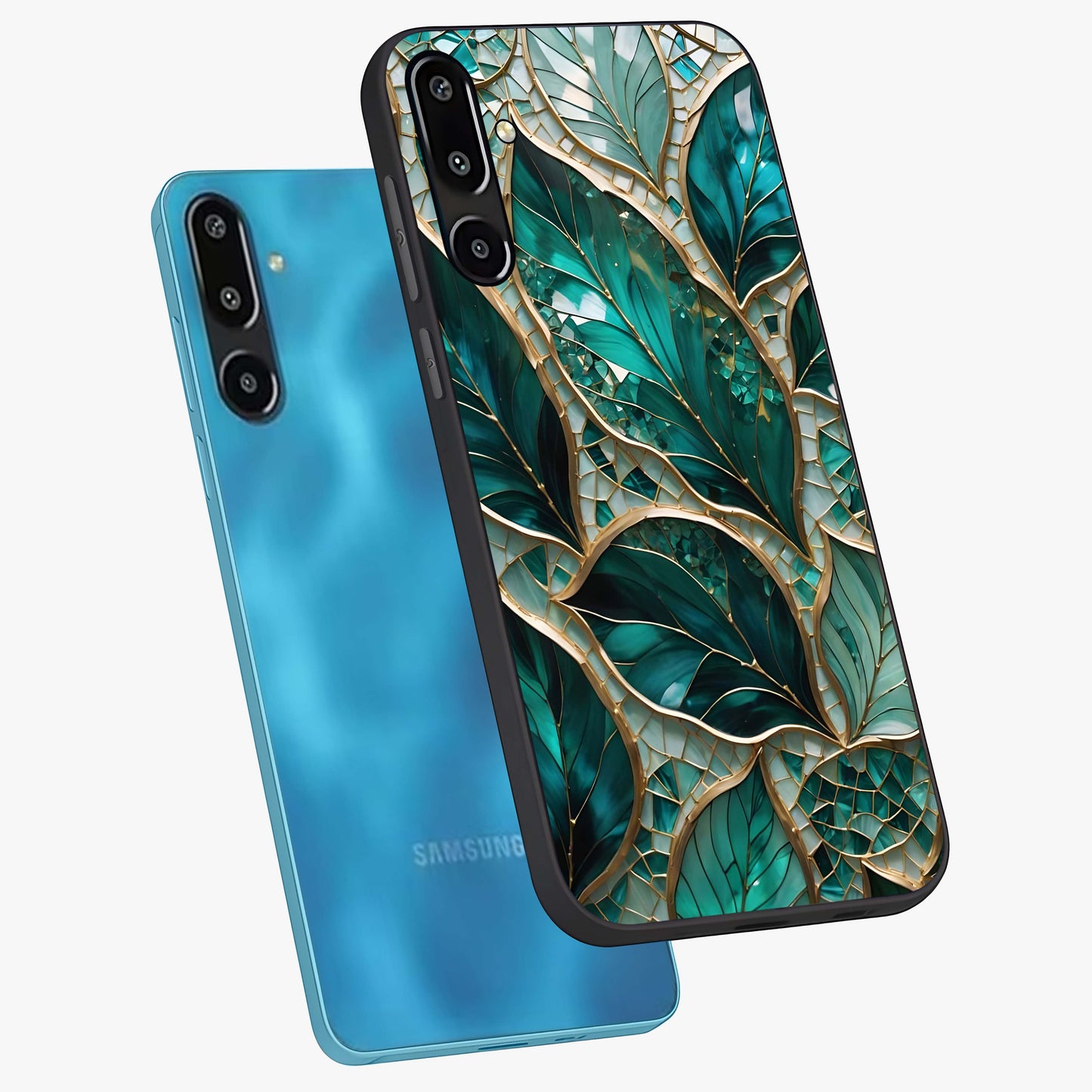 Emerald Leaf Glass Glass Case displayed in angled mockup highlighting botanical leaf illustration with elegant natural aesthetic.