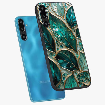 Emerald Leaf Glass Glass Case displayed in angled mockup highlighting botanical leaf illustration with elegant natural aesthetic.
