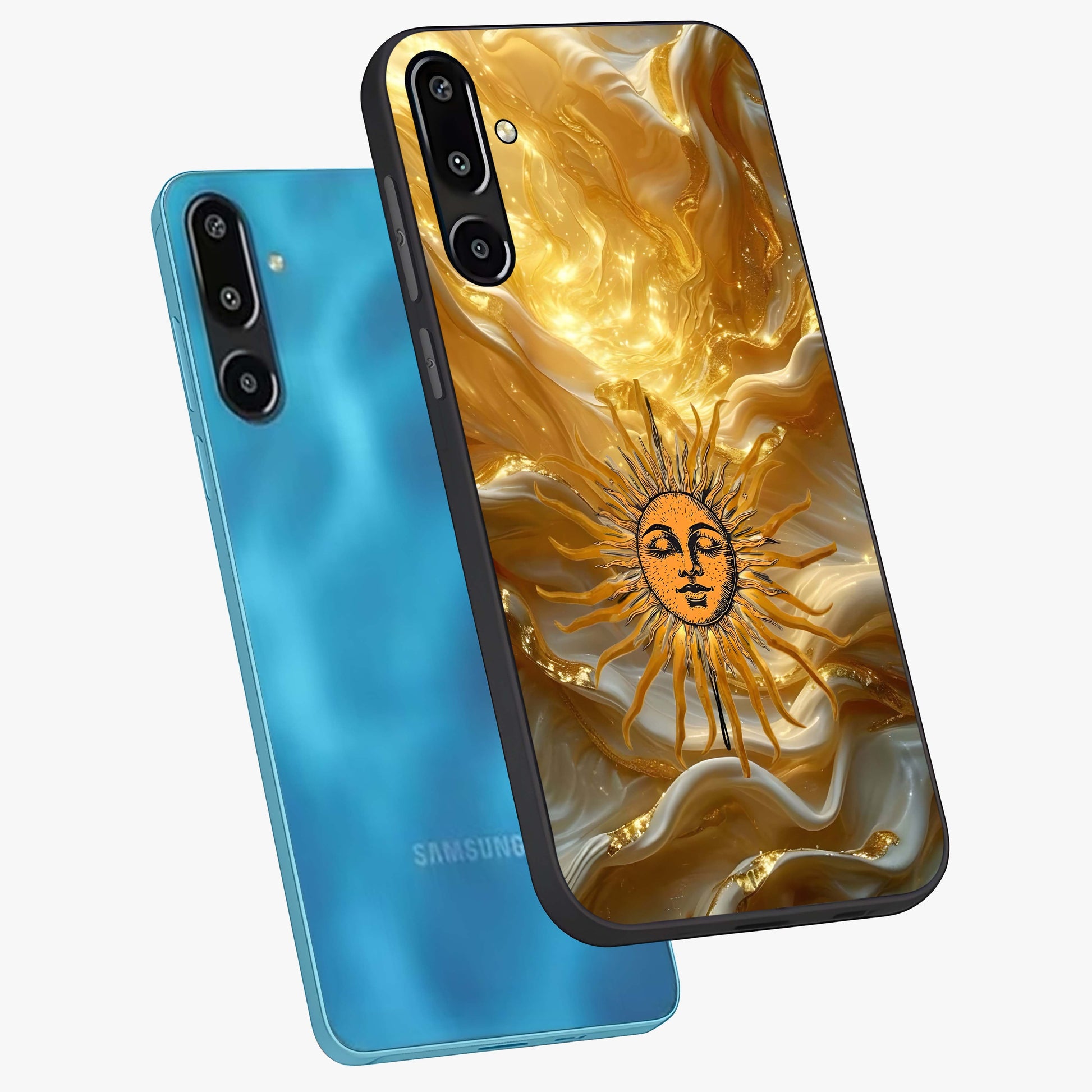 Eternal Golden Glow Glass Case displayed in angled mockup highlighting glowing golden aesthetic design with elegant style.