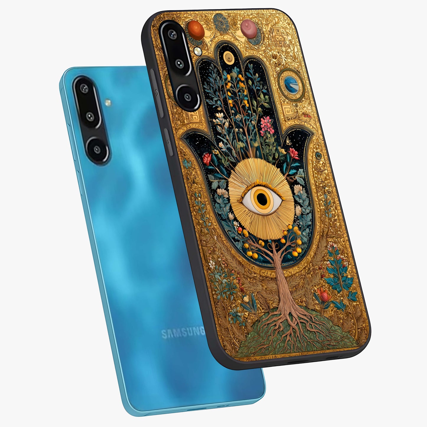 Ethereal Evil Eye Glass Case displayed in angled mockup highlighting protective evil eye symbol with spiritual aesthetic design.