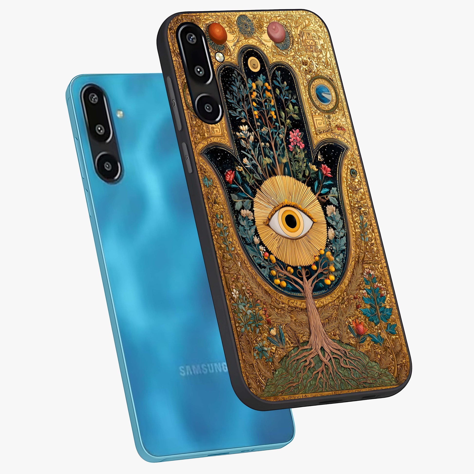 Ethereal Evil Eye Glass Case displayed in angled mockup highlighting protective evil eye symbol with spiritual aesthetic design.