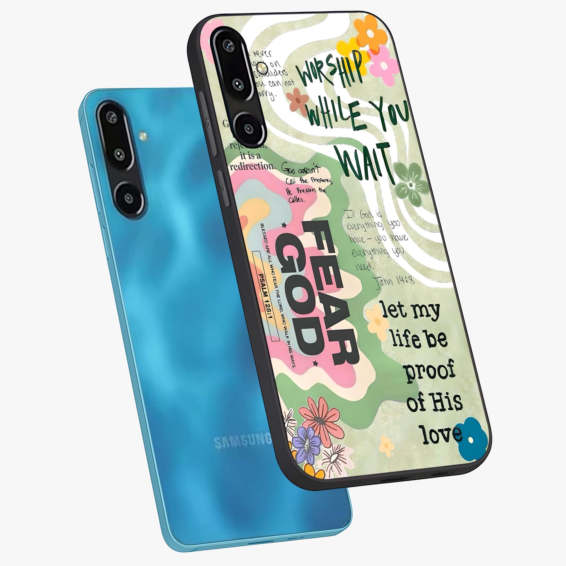 Faith Over Fear Glass Case displayed in angled mockup highlighting inspirational message design with modern aesthetic style.