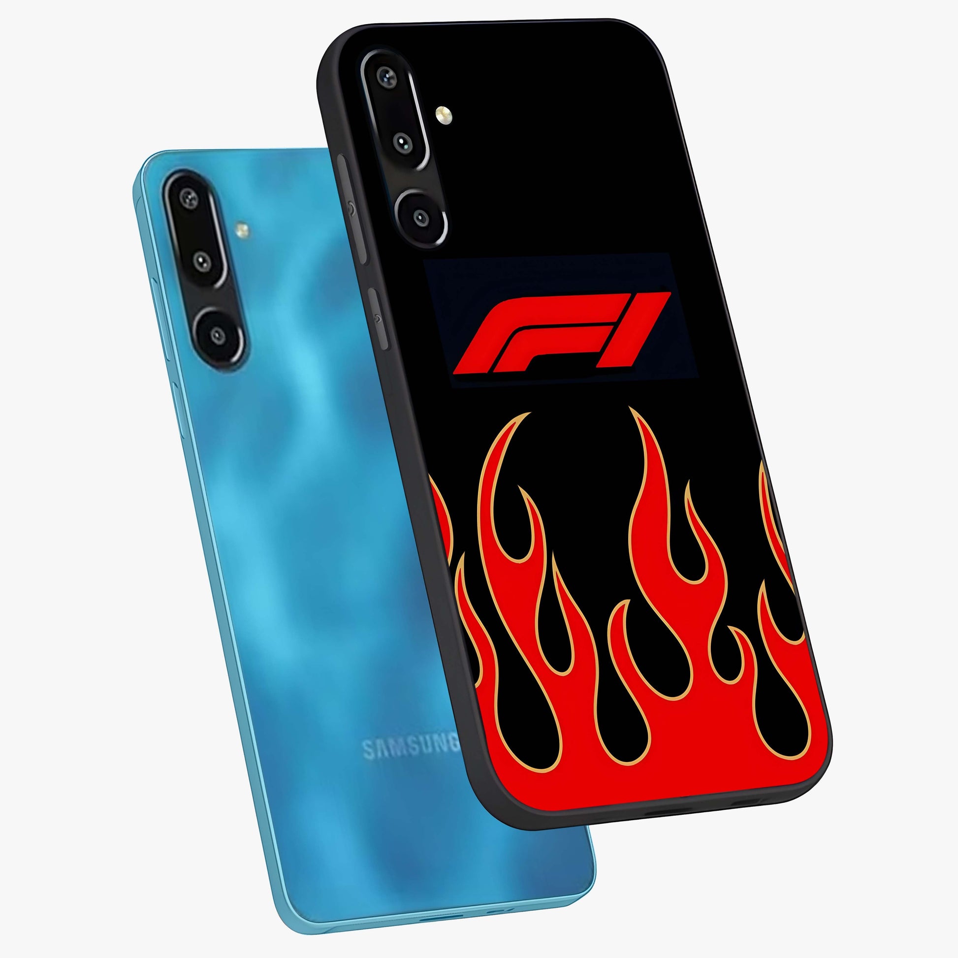 Fire F11 Glass Case displayed in angled mockup highlighting bold fire inspired graphic with energetic aesthetic style.