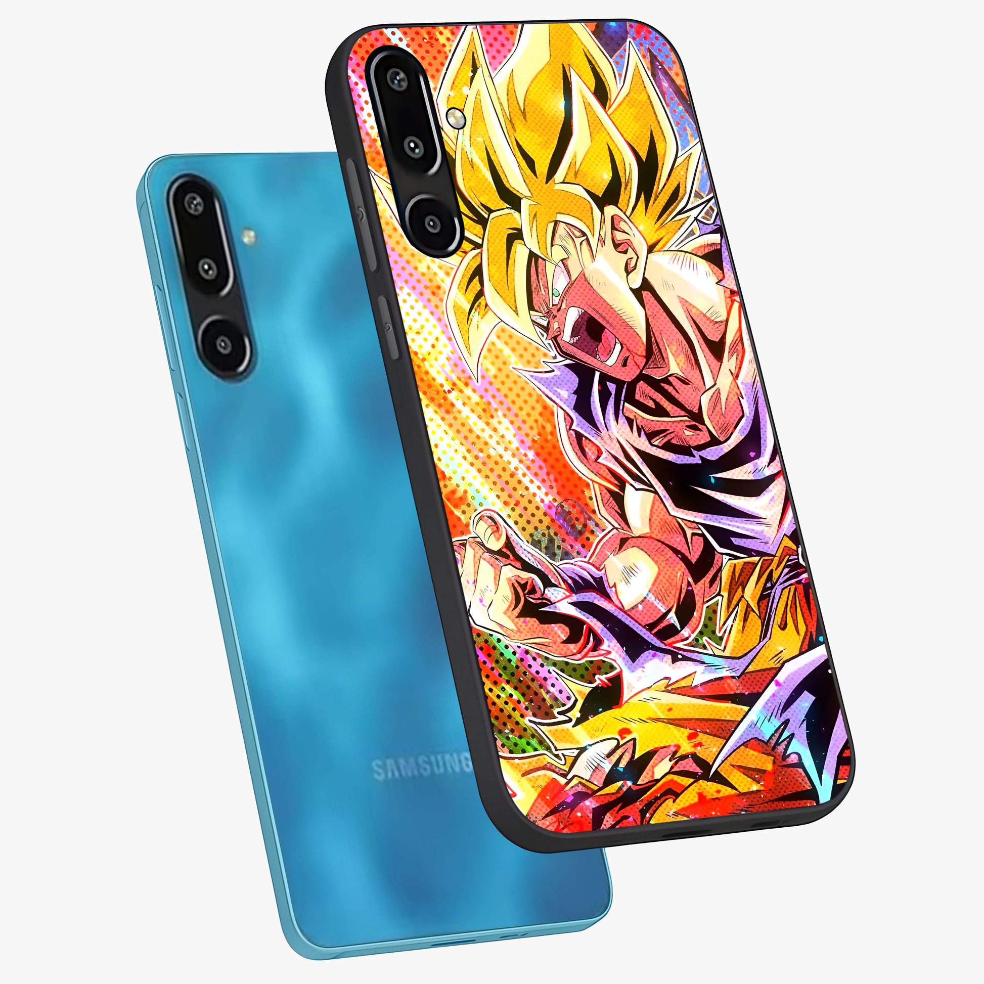 Firing Goku Glass Case displayed in angled mockup highlighting dynamic anime character design with action aesthetic.