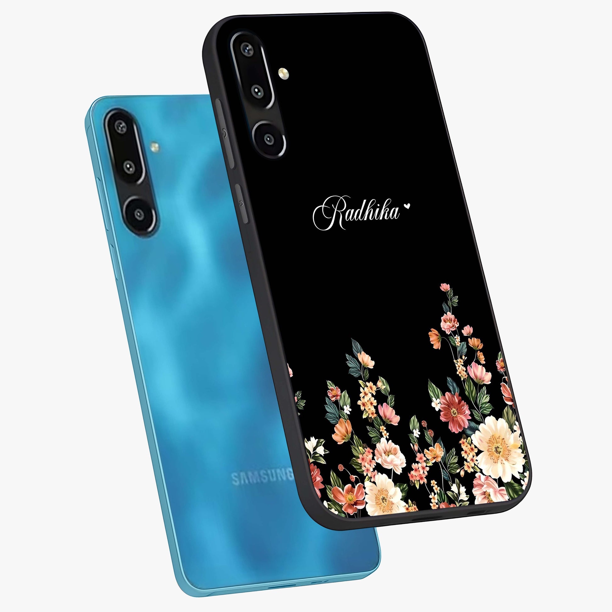 Floral Design With a Custom Personalized Name Glass Case displayed in angled mockup highlighting elegant floral pattern with custom name feature.