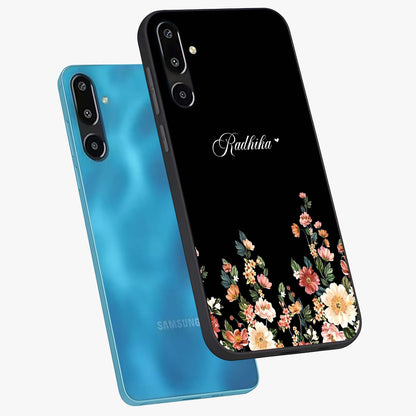 Floral Design With a Custom Personalized Name Glass Case displayed in angled mockup highlighting elegant floral pattern with custom name feature.