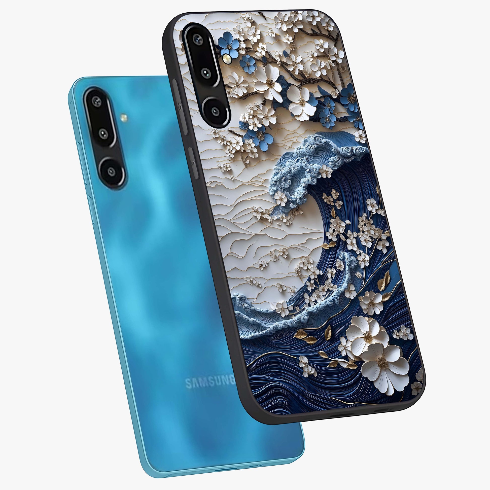 Floral Wave Origami Glass Case displayed in angled mockup highlighting geometric origami flower design with modern aesthetic style.