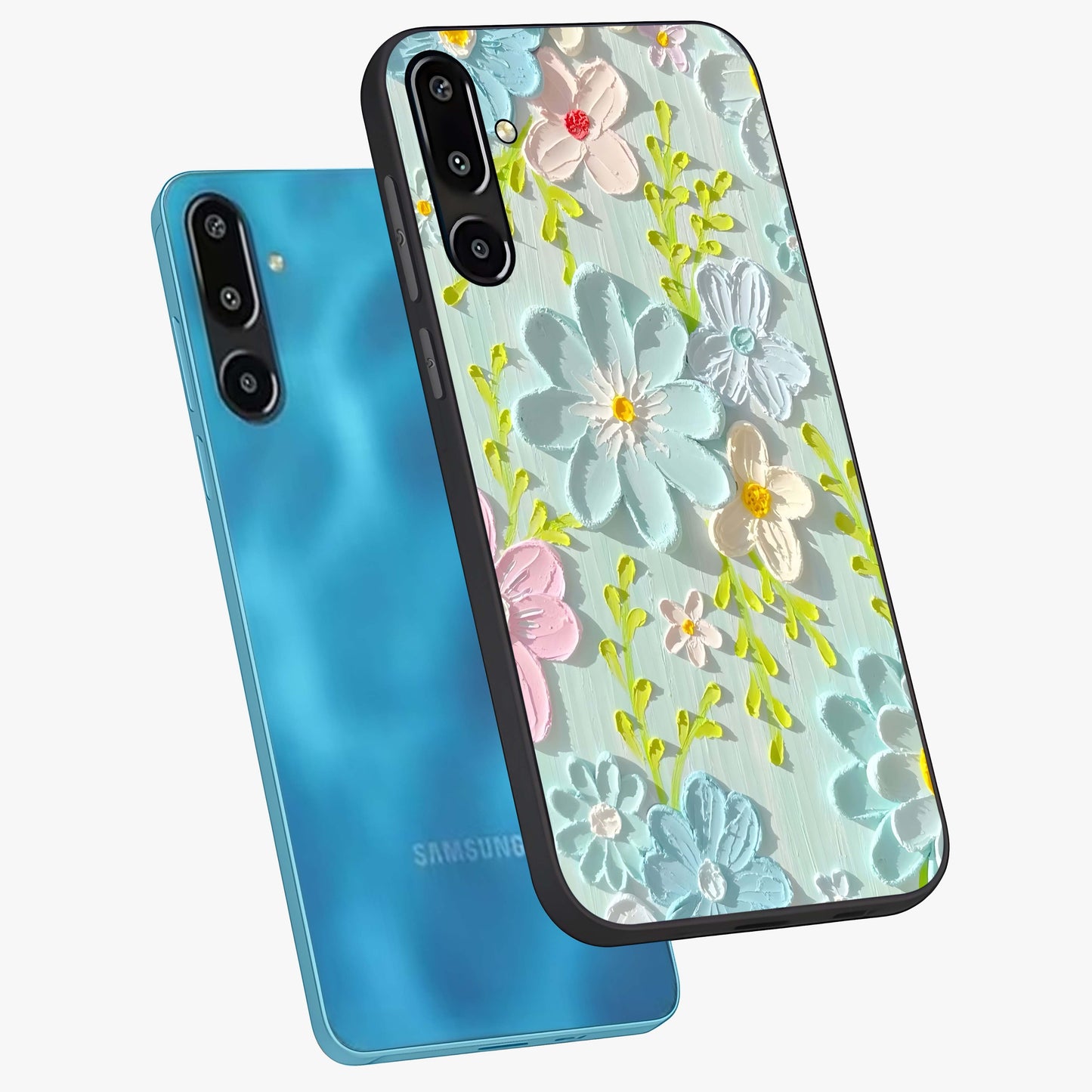 Frosted Petal Garden Glass Case displayed in angled mockup highlighting delicate flower petal design with calm garden aesthetic.
