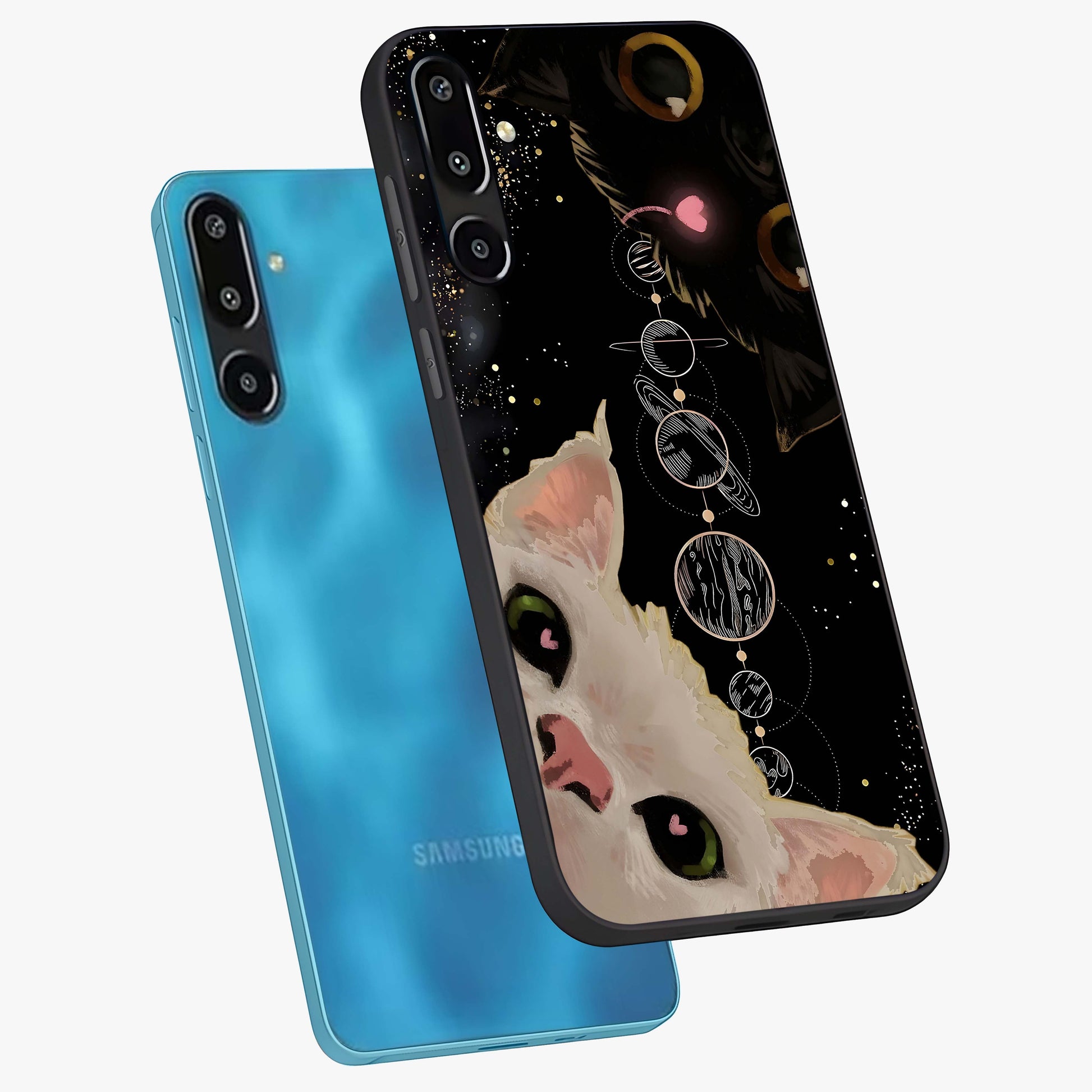 Galactic Cat Glass Case displayed in angled mockup highlighting celestial feline illustration with galaxy aesthetic style.