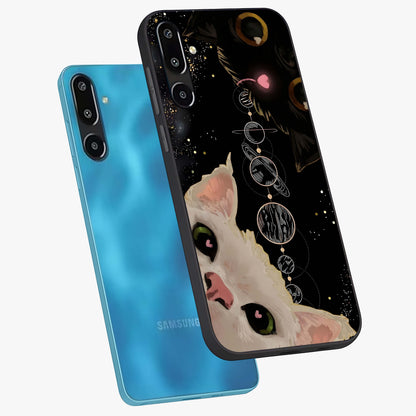 Galactic Cat Glass Case displayed in angled mockup highlighting celestial feline illustration with galaxy aesthetic style.
