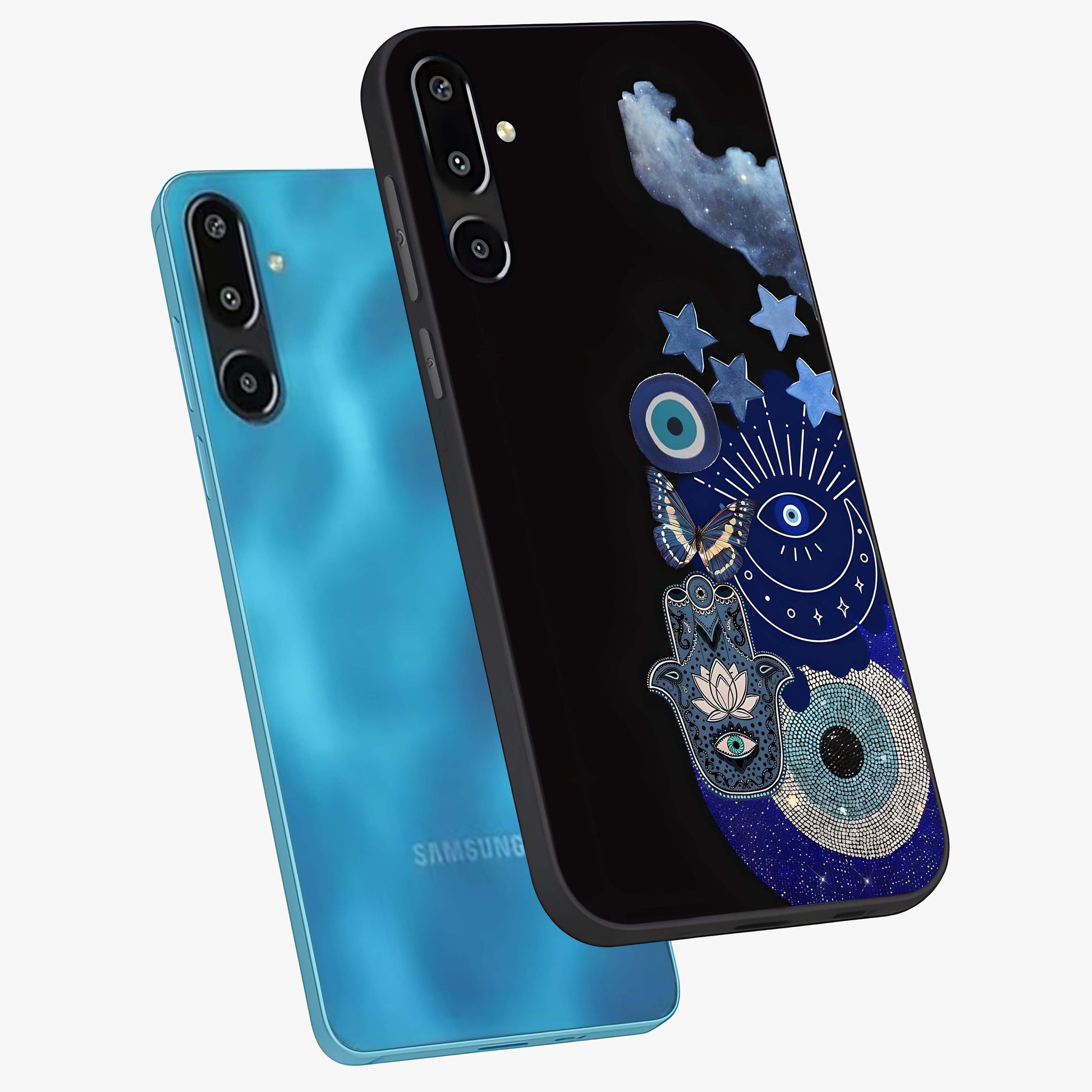 Galactic Charm Cluster Glass Case displayed in angled mockup highlighting luminous galaxy inspired design with dreamy aesthetic.