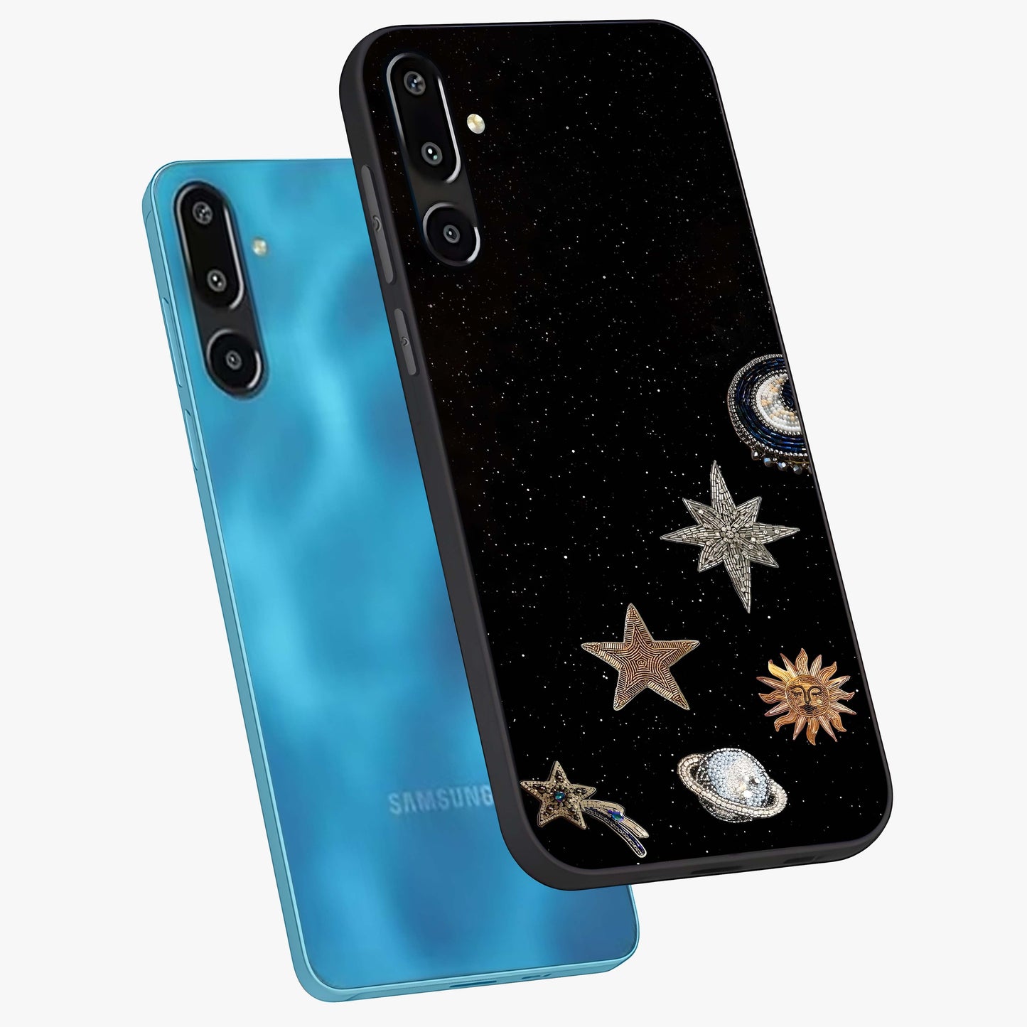 Galactic Charm Glow Glass Case displayed in angled mockup highlighting luminous galaxy inspired design with dreamy aesthetic.