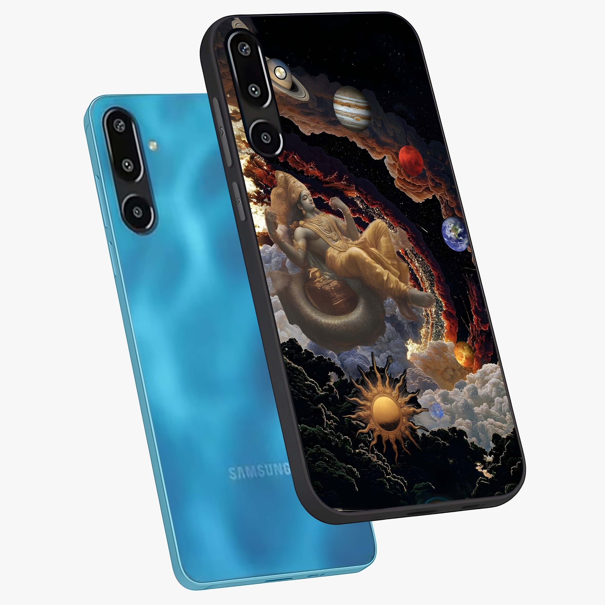 Galactic Divine God Glass Case displayed in angled mockup highlighting powerful celestial deity illustration with galactic aesthetic.