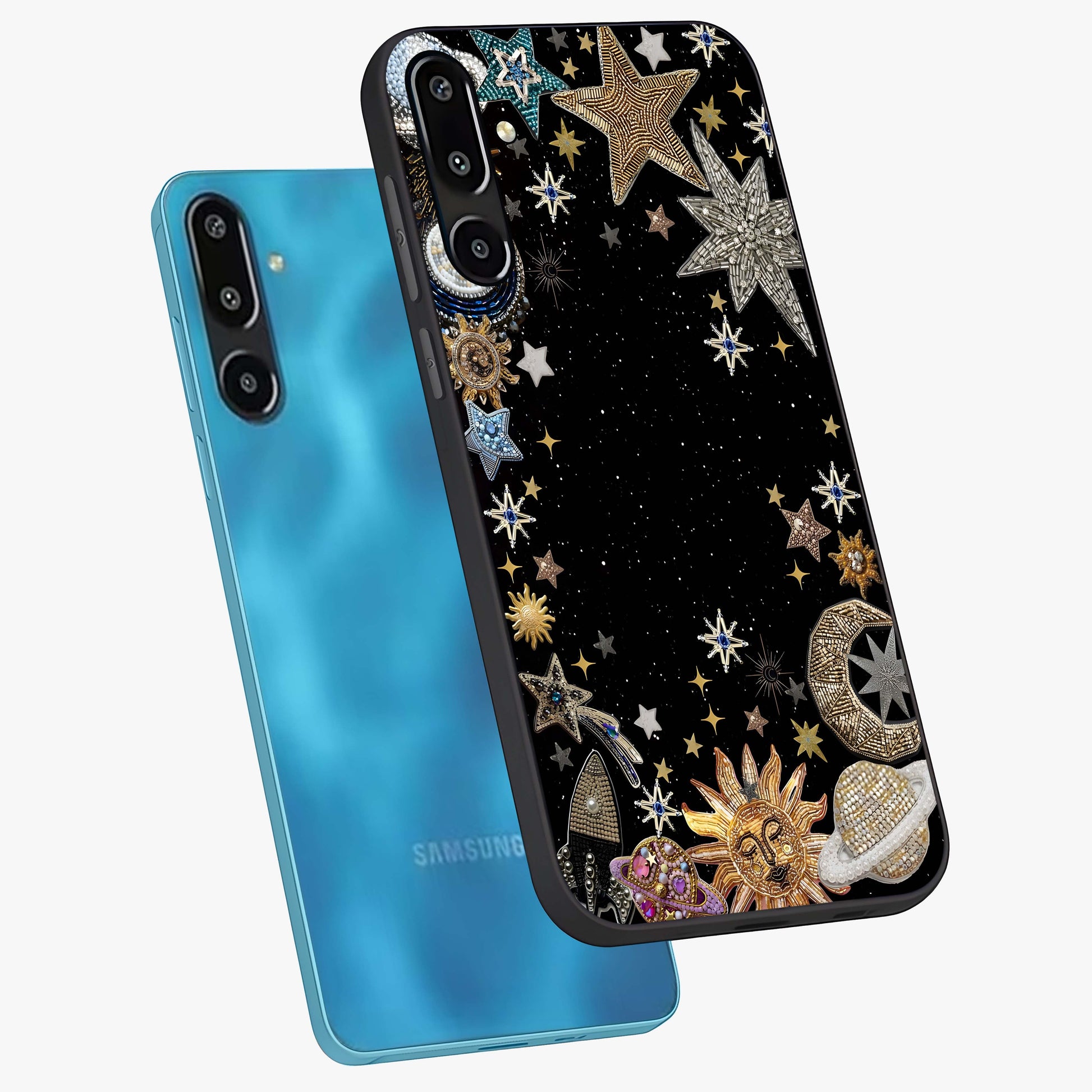 Galactic Jewel Stars Glass Case displayed in angled mockup highlighting shining celestial star design with cosmic aesthetic style.