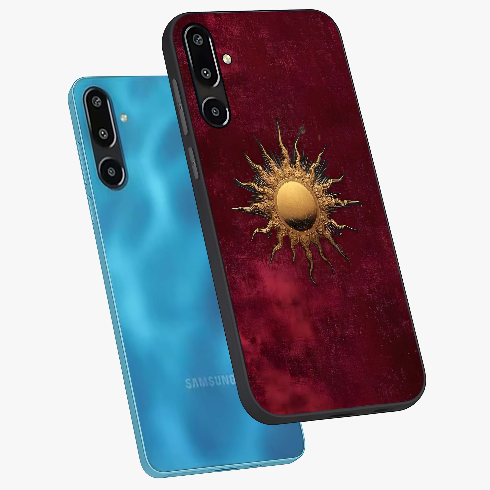 Golden Sun Minimalism Glass Case displayed in angled mockup highlighting clean sun symbol design with modern minimal aesthetic.
