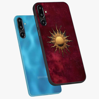 Golden Sun Minimalism Glass Case displayed in angled mockup highlighting clean sun symbol design with modern minimal aesthetic.