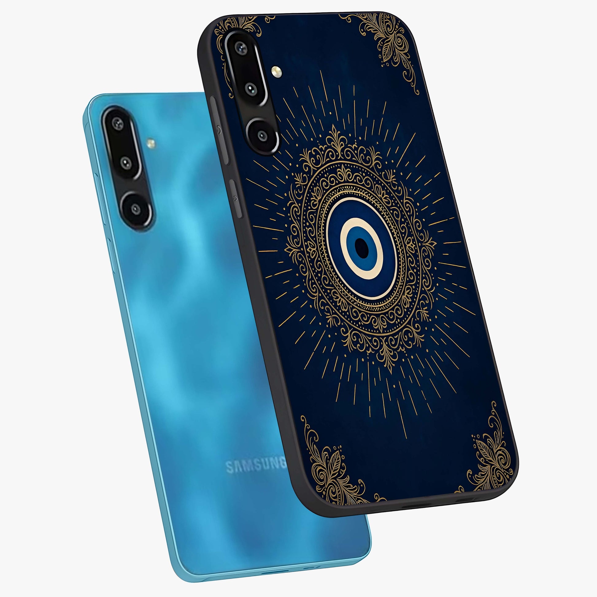 Golden Celestial Charm Glass Case displayed in angled mockup highlighting sparkling cosmic charm design with celestial aesthetic.