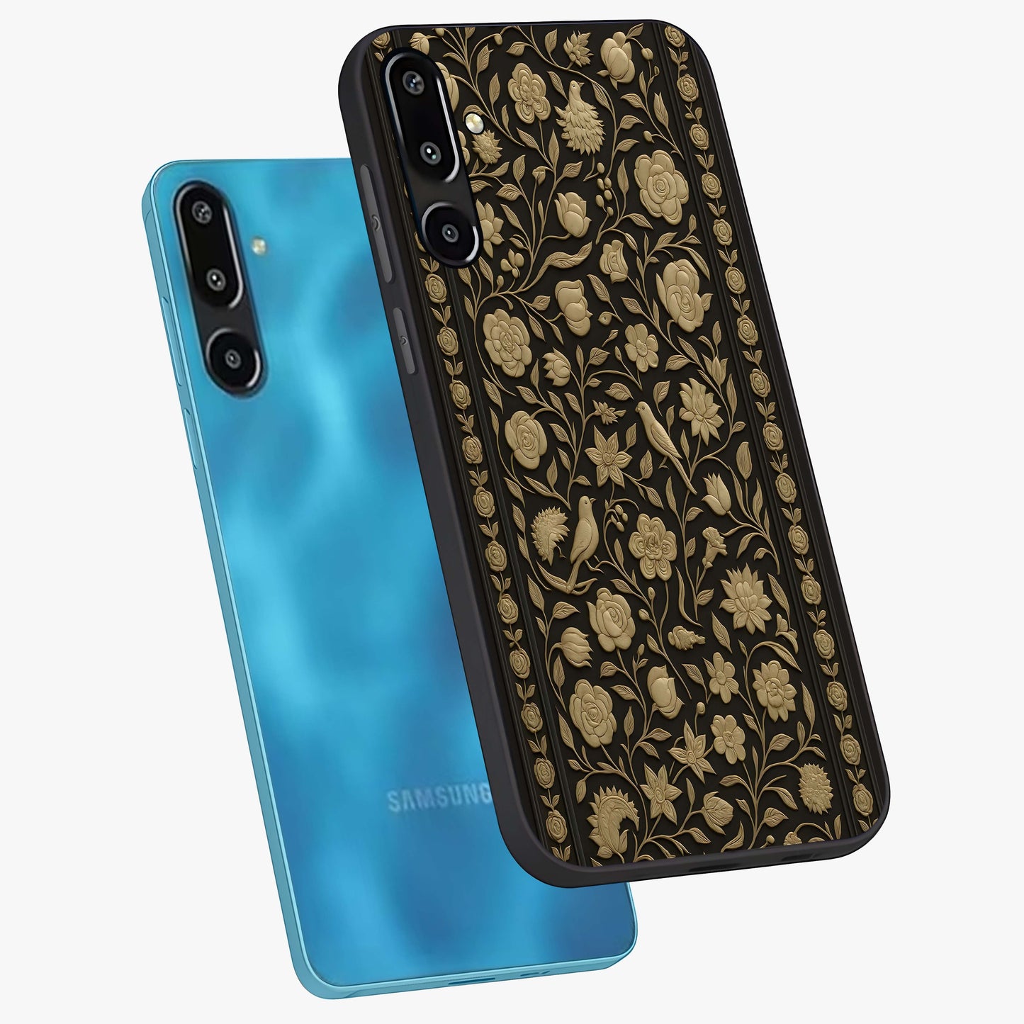 Golden Evil Eye Mandala Glass Case displayed in angled mockup highlighting protective evil eye symbol with golden mandala design.