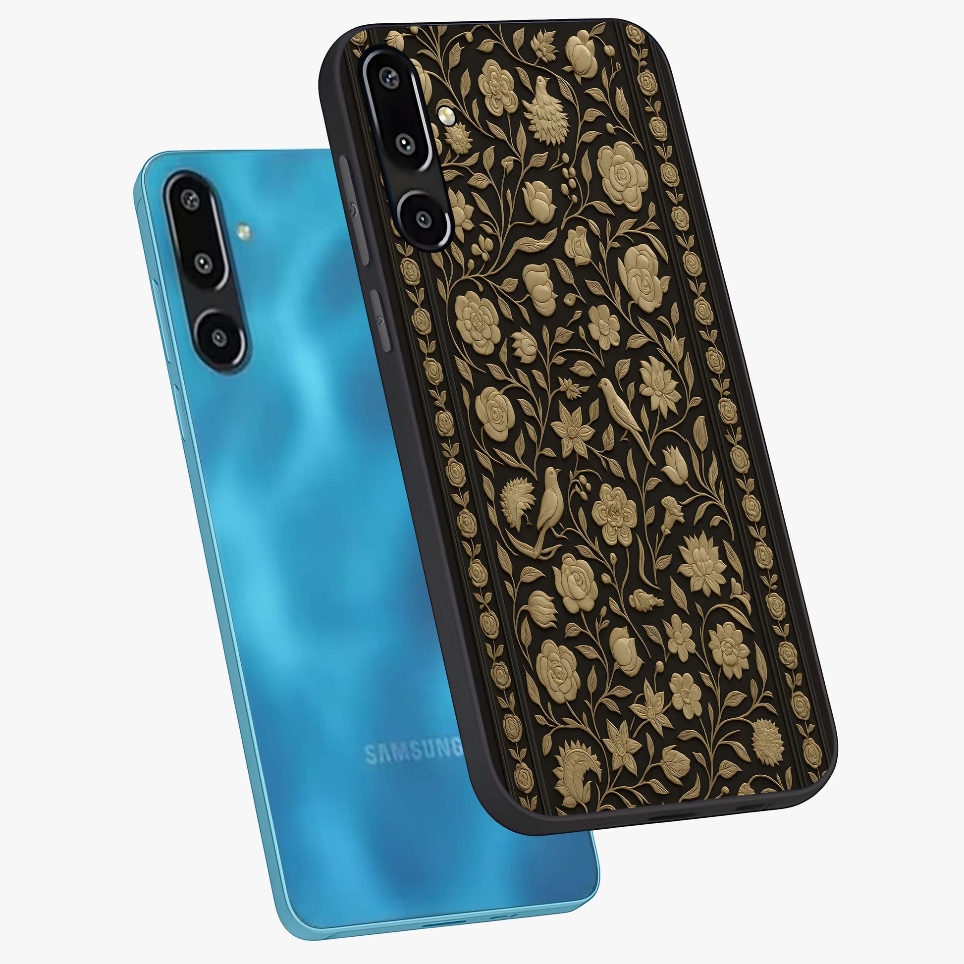 Golden Evil Eye Mandala Glass Case displayed in angled mockup highlighting protective evil eye symbol with golden mandala design.