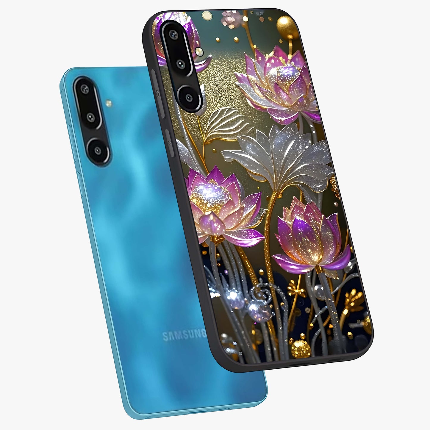 Golden Floral Majesty Glass Case displayed in angled mockup highlighting elegant flower design with royal golden aesthetic.