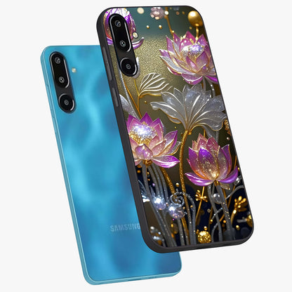 Golden Floral Majesty Glass Case displayed in angled mockup highlighting elegant flower design with royal golden aesthetic.