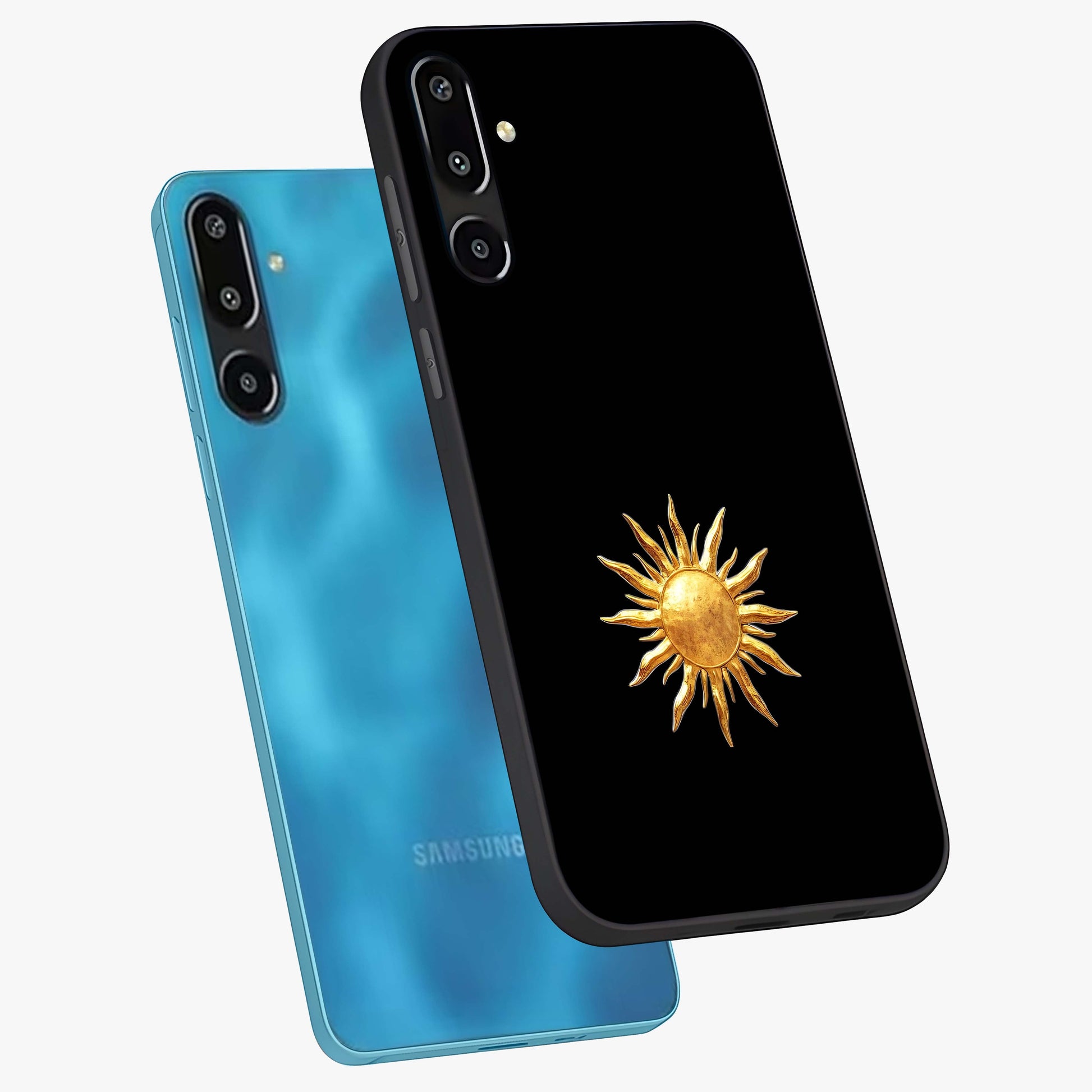 Golden Sun Minimalism Glass Case displayed in angled mockup highlighting eerie shadow illustration with gothic aesthetic.