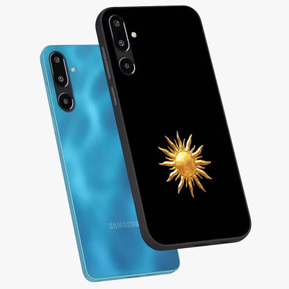 Golden Sun Minimalism Glass Case displayed in angled mockup highlighting eerie shadow illustration with gothic aesthetic.