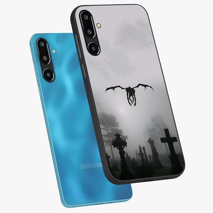 Graveyard Shadow Descent Glass Case displayed in angled mockup highlighting eerie shadow illustration with gothic aesthetic.