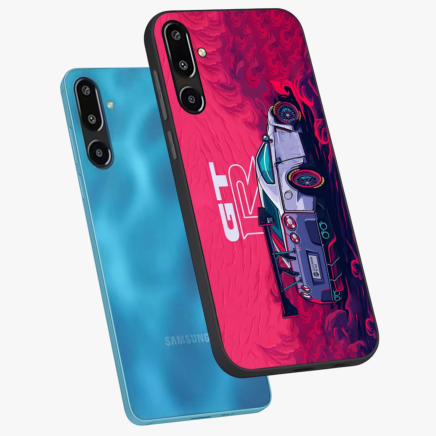 GT-R Car Pattern Glass Case displayed in angled mockup highlighting racing car graphic design with bold automotive aesthetic.