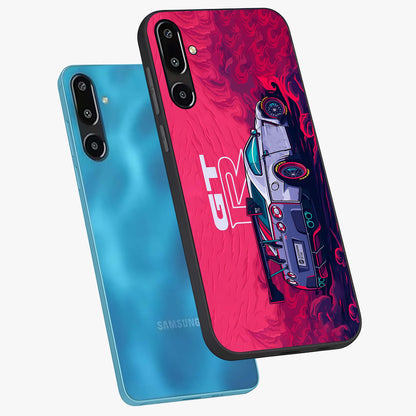 GT-R Car Pattern Glass Case displayed in angled mockup highlighting racing car graphic design with bold automotive aesthetic.