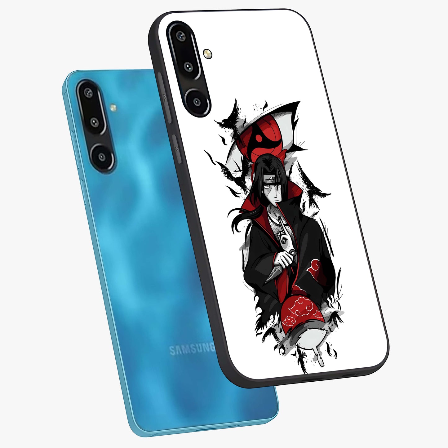 Itachi Limited Edition Naruto Anime Glass Case displayed in angled mockup highlighting dramatic anime illustration with bold action aesthetic.