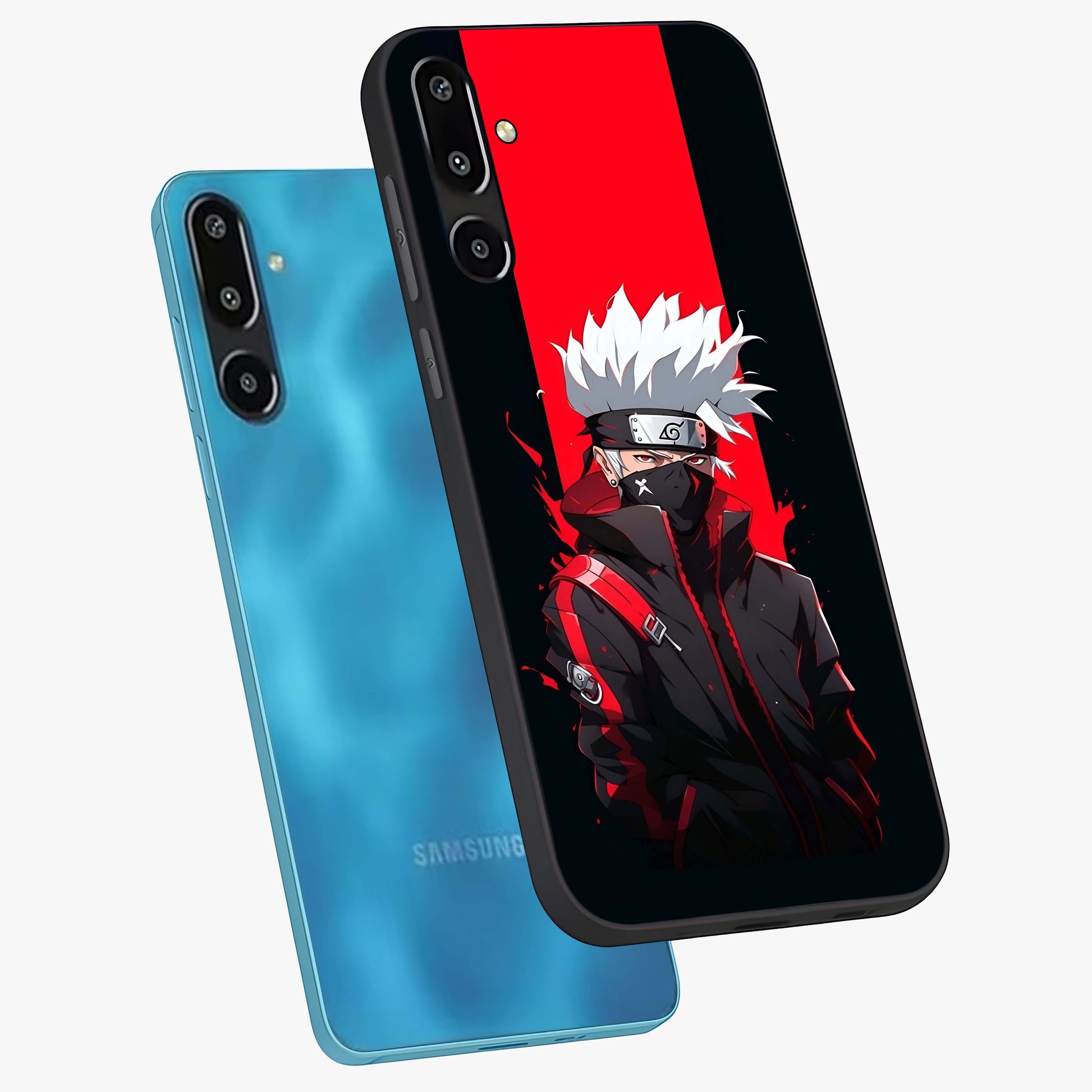 Kakashi Scarlet Shadow Glass Case displayed in angled mockup highlighting dramatic ninja illustration with scarlet themed aesthetic.
