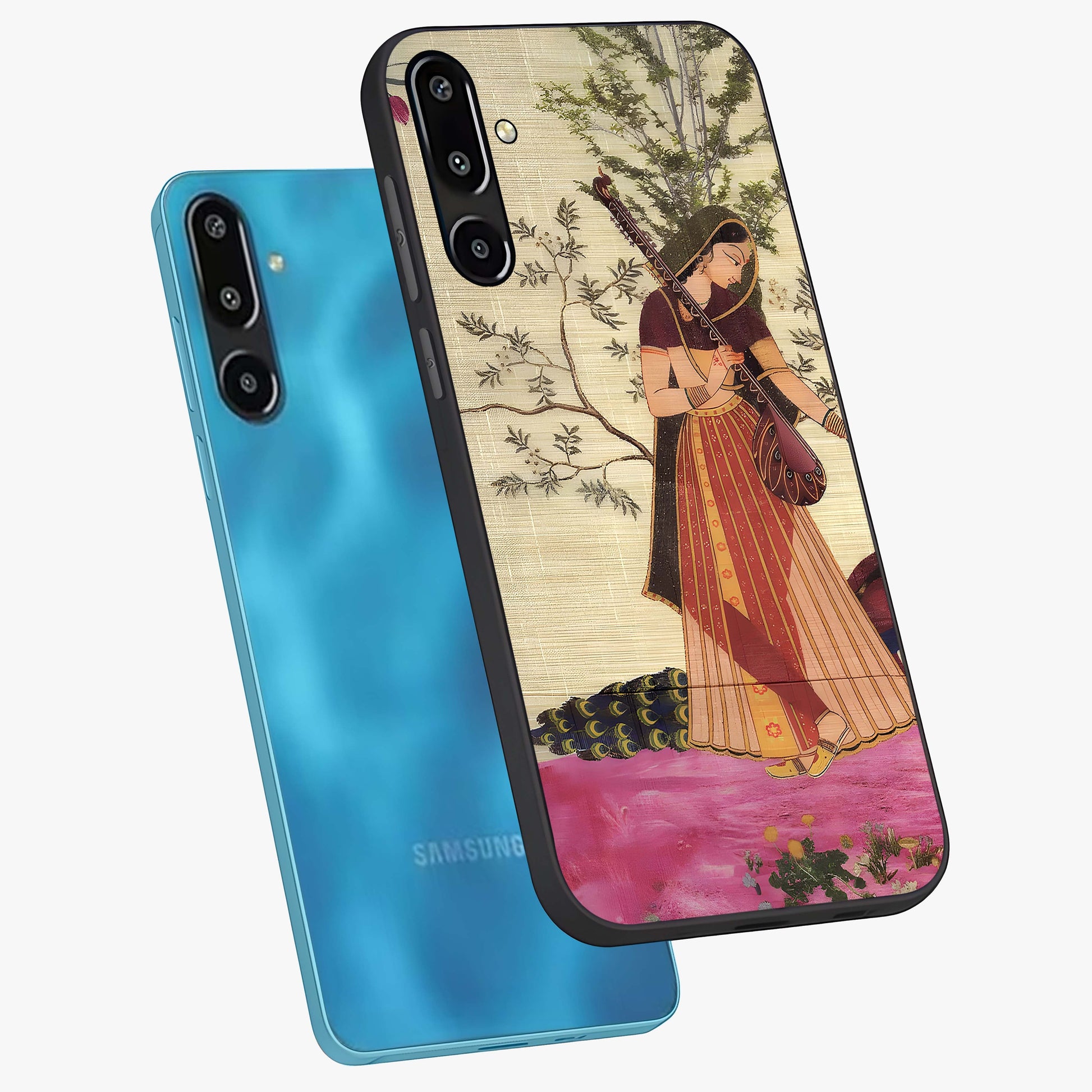 Lady With Veena Art Glass Case displayed in angled mockup highlighting graceful musical illustration with cultural artistic aesthetic.