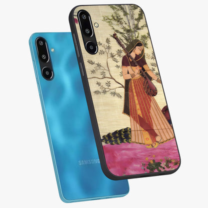 Lady With Veena Art Glass Case displayed in angled mockup highlighting graceful musical illustration with cultural artistic aesthetic.