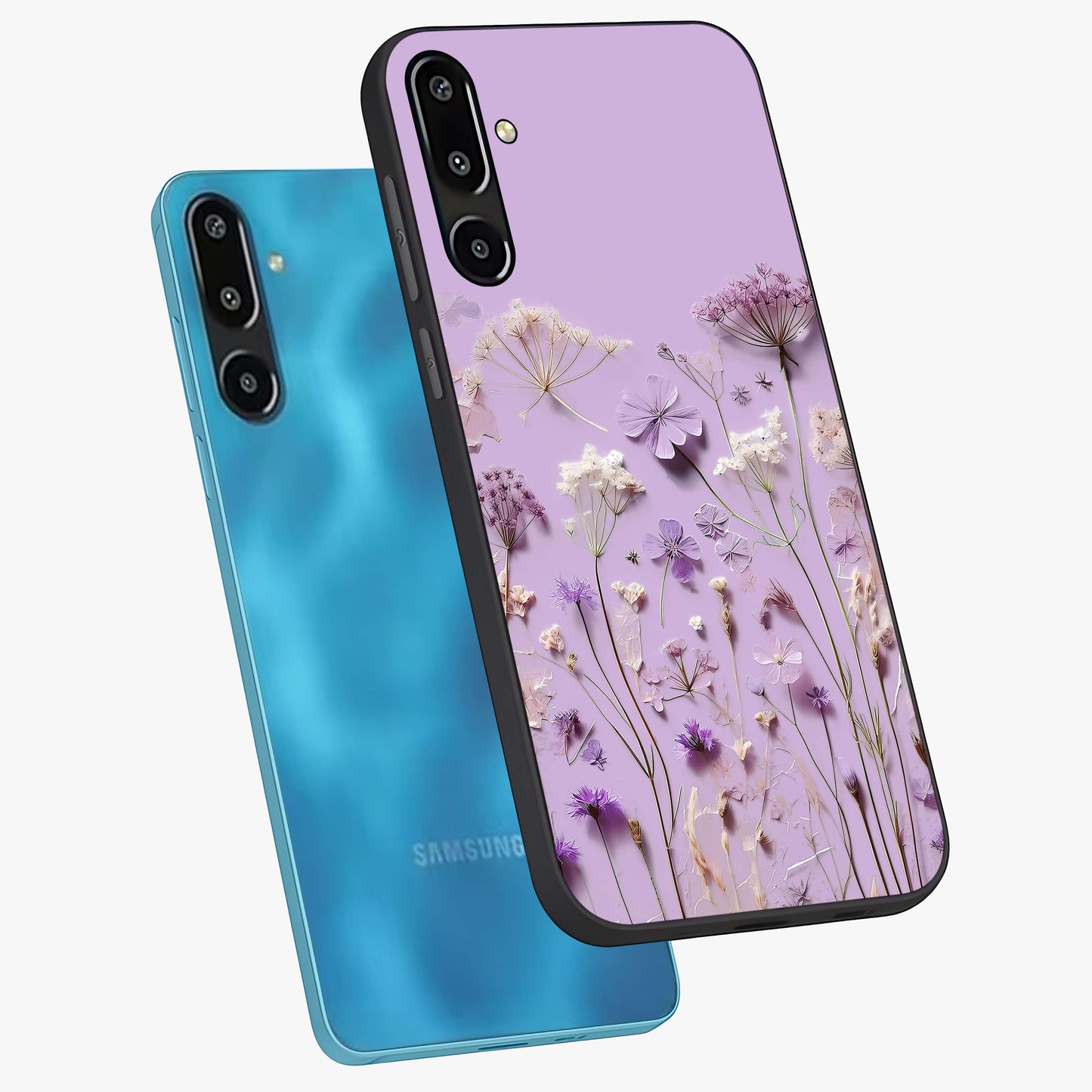 Lavender Blossom Dream Glass Case displayed in angled mockup highlighting dreamy lavender flower design with calming aesthetic style.